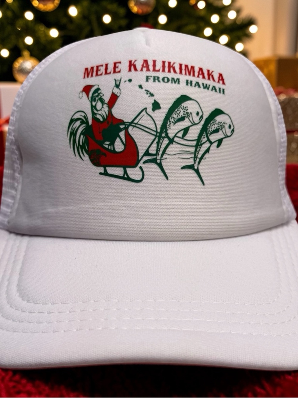 Kai Aloha Supply Mele Kalikimaka Cap Hat Snapback Trucker White Mesh Hawaii